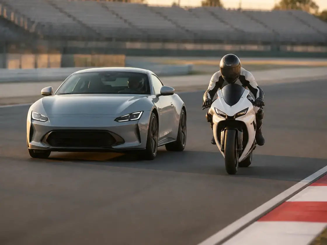 Un coupé de sport gris clair et une moto sportive blanche côte à côte sur la ligne droite d’un circuit, pilotes casqués, vibreur rayé rouge et blanc, tribune vide au fond