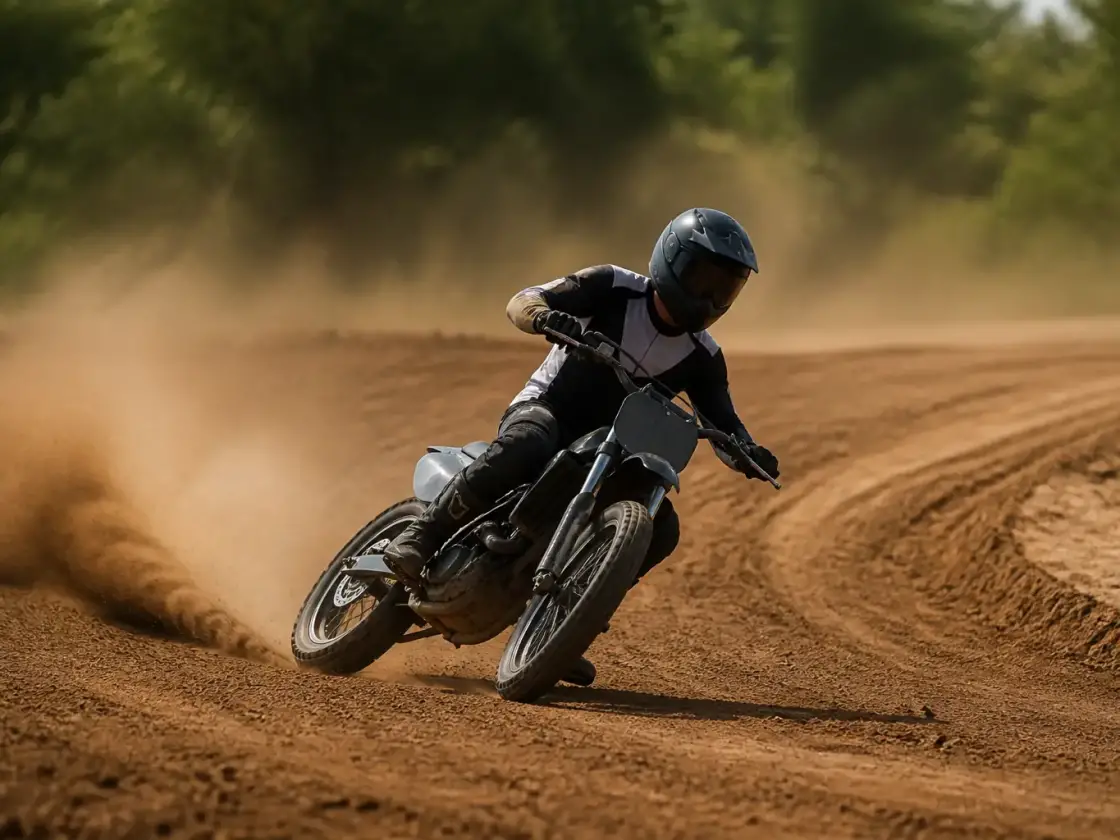 Moto de flat-track penchée dans un virage sur piste de terre meuble, nuage de poussière, pilote casqué non identifiable, aucun numéro lisible
