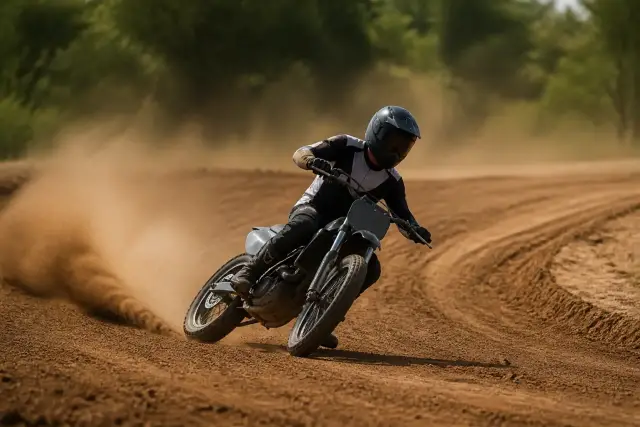 Moto de flat-track penchée dans un virage sur piste de terre meuble, nuage de poussière, pilote casqué non identifiable, aucun numéro lisible
