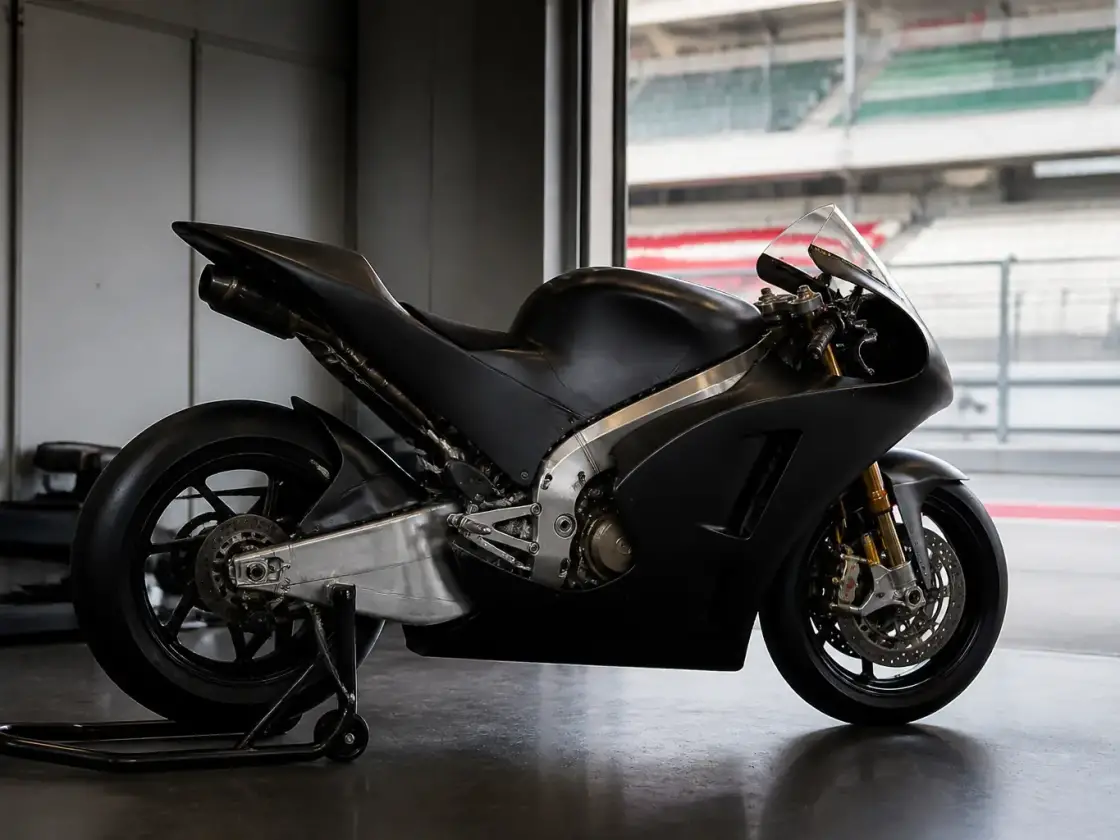 Moto de Grand Prix de profil dans un garage de circuit, carénage aérodynamique et pneus slicks, sans marque ni numéro lisible