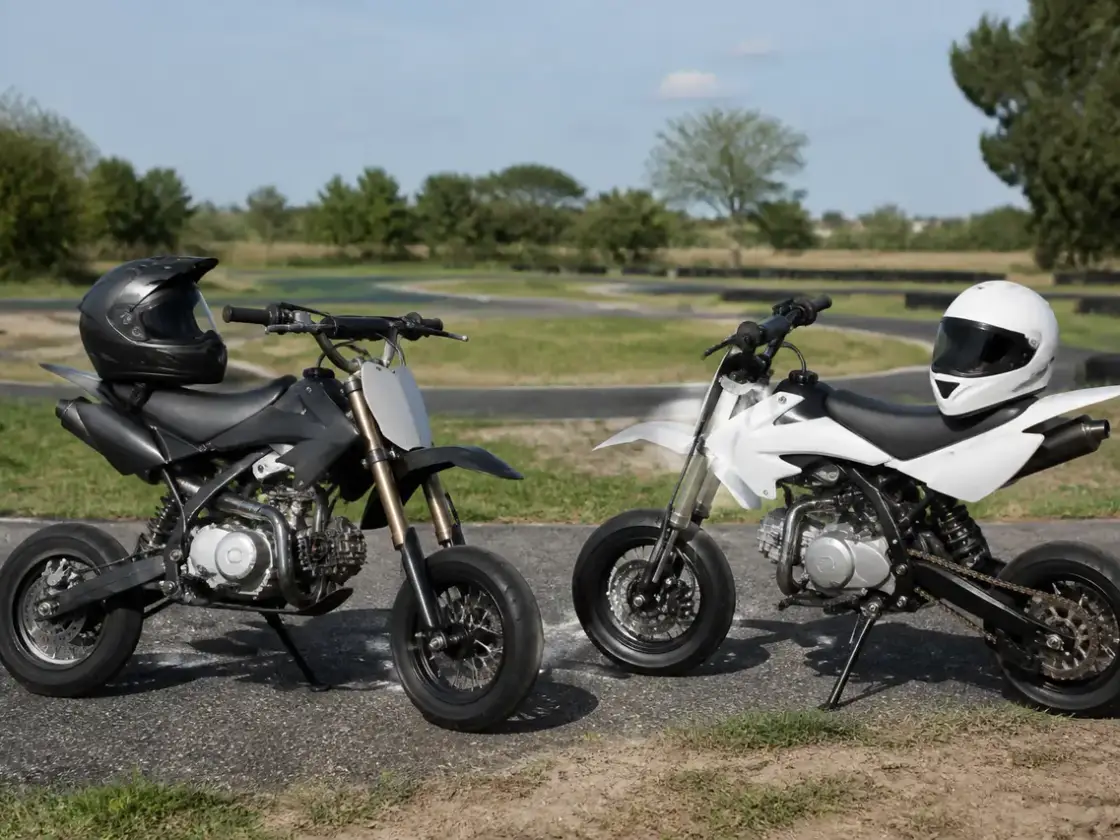 Deux petites motos de type pit bike garées sur un petit circuit de kart, casques posés sur les selles, herbe et bitume