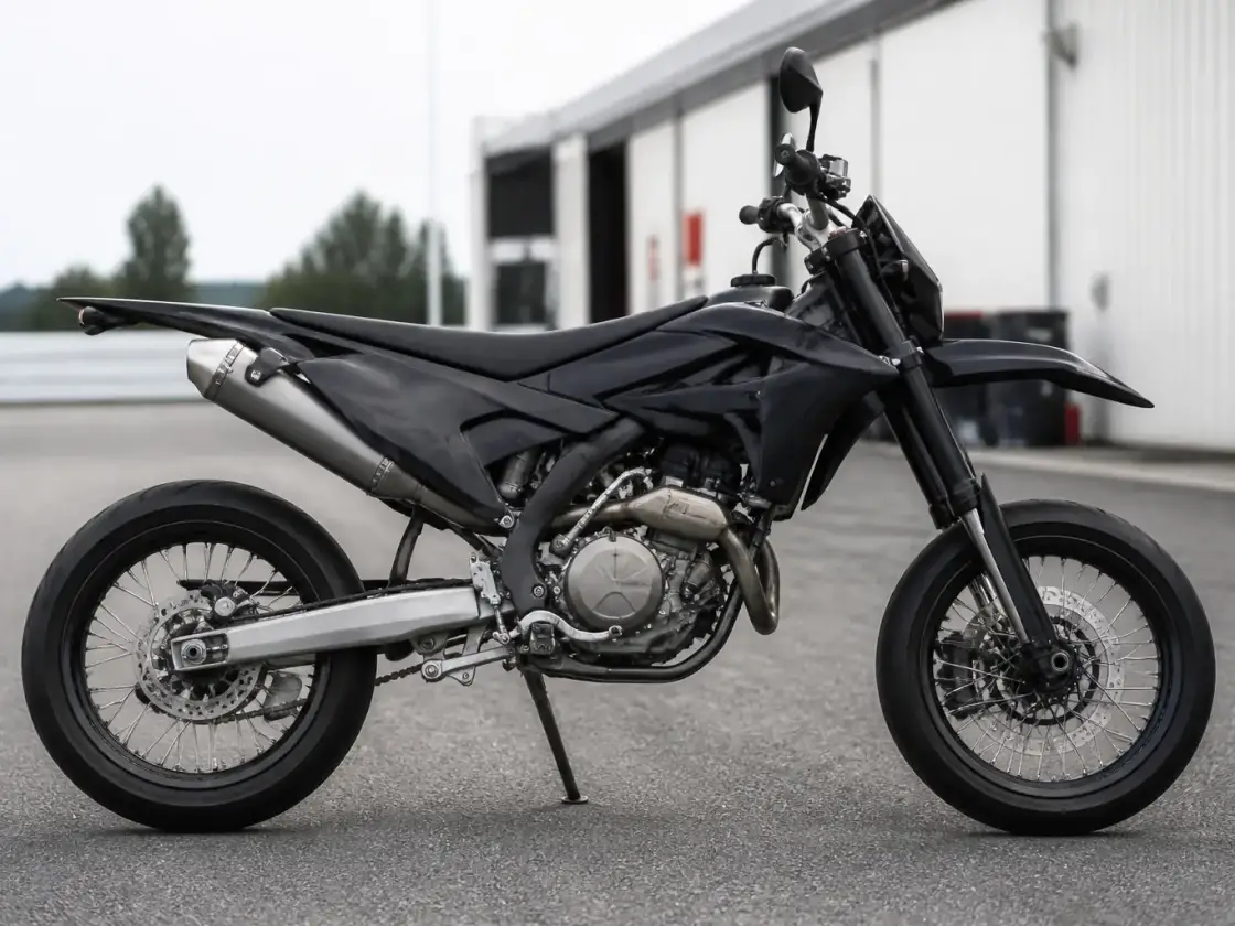 Moto de type supermotard avec grandes roues de route et suspension haute, vue de profil sur une aire de paddock goudronnée
