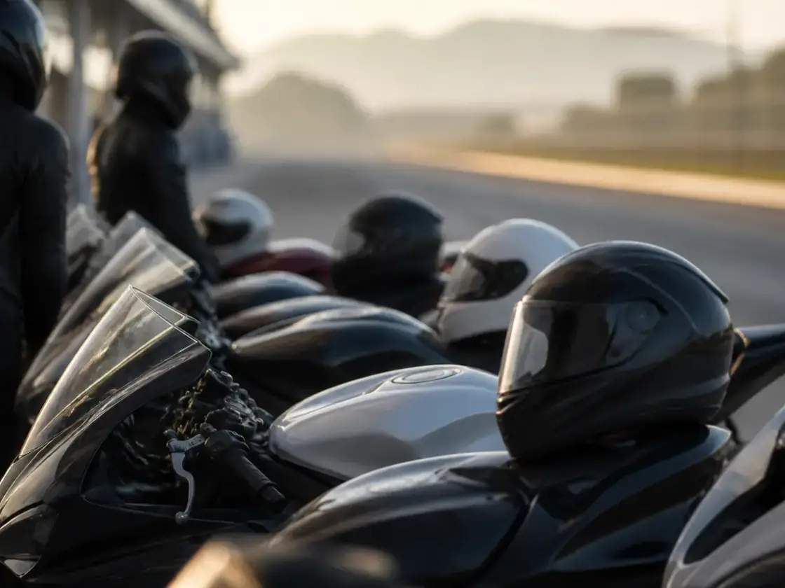 Rangée de motos garées côte à côte dans un paddock de circuit au petit matin, casques posés sur les selles, piste vide et floue au fond
