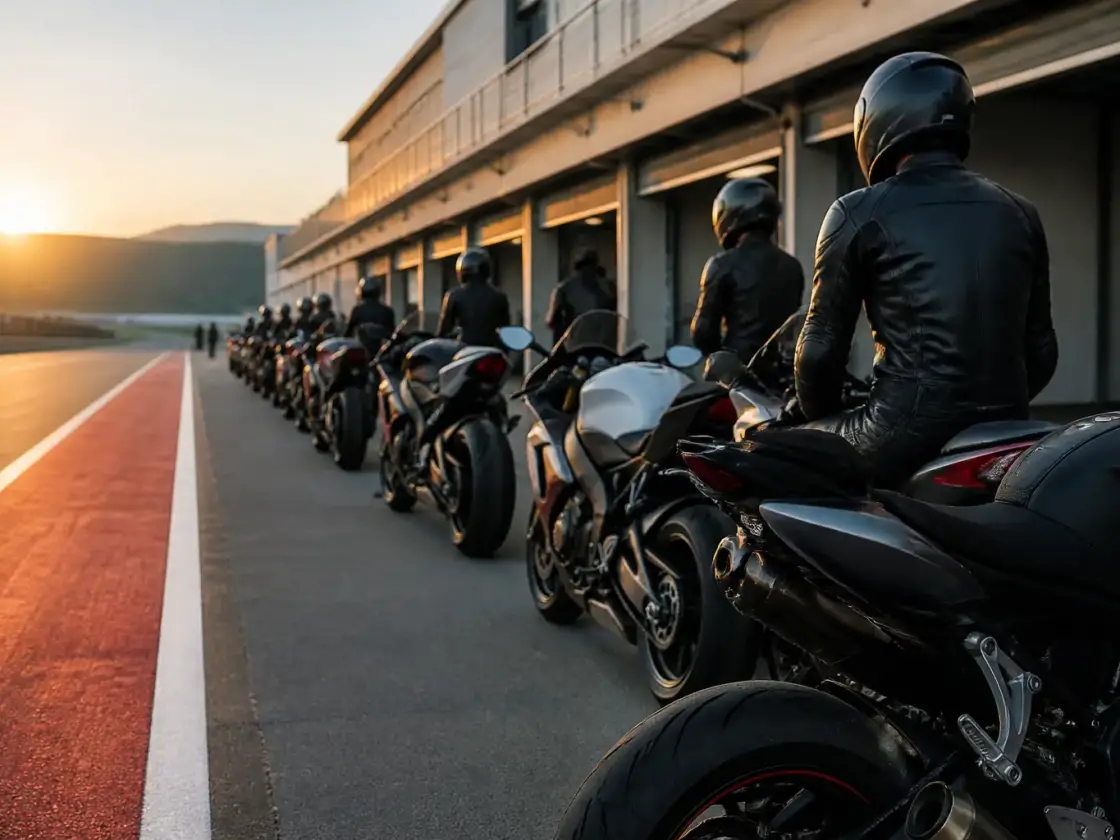 Motos sportives alignées dans une voie des stands, pilotes casqués en tenue de cuir, lumière douce du matin