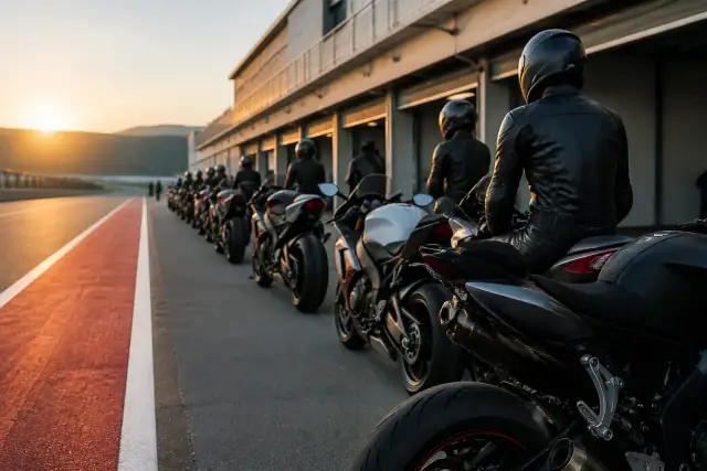 Motos sportives alignées dans une voie des stands, pilotes casqués en tenue de cuir, lumière douce du matin