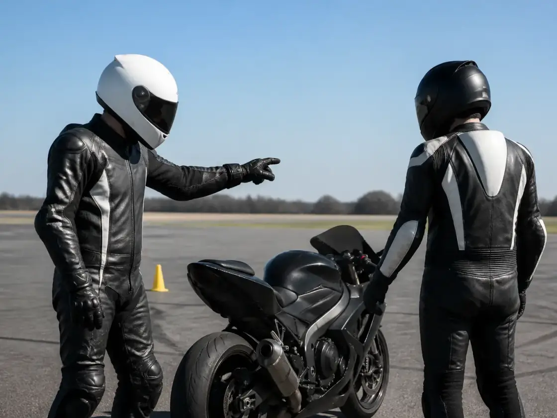 Moniteur et élève debout près d’une moto sportive sur un grand plateau d’asphalte, plots au sol, ciel dégagé