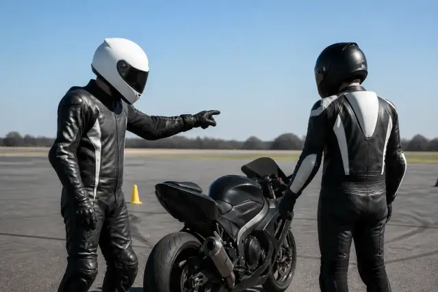 Moniteur et élève debout près d’une moto sportive sur un grand plateau d’asphalte, plots au sol, ciel dégagé