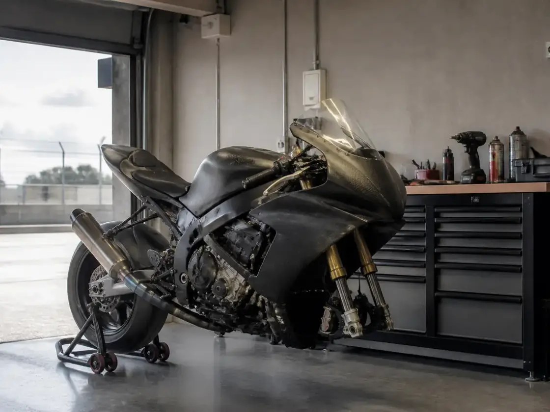 Moto de piste posée sur une béquille d’atelier dans un box, roue avant déposée, outils rangés sur un établi, lumière neutre