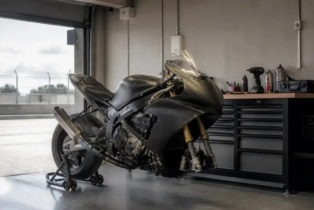 Moto de piste posée sur une béquille d’atelier dans un box, roue avant déposée, outils rangés sur un établi, lumière neutre