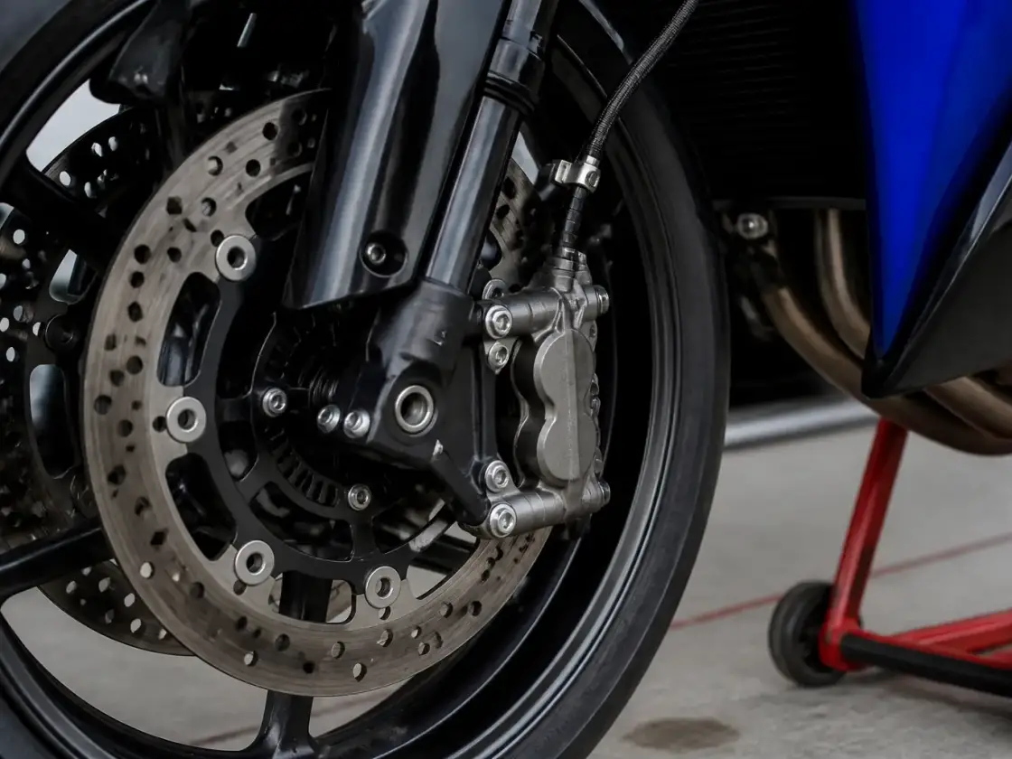 Étrier de frein avant d’une moto posée sur béquille d’atelier, vue rapprochée du disque et de la durite, éclairage d’atelier