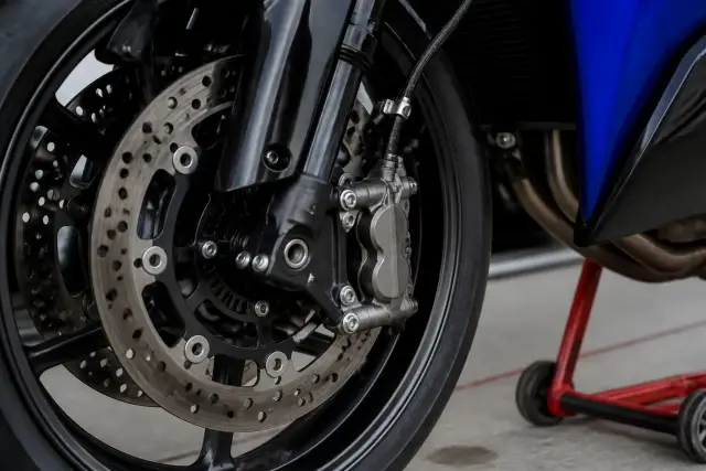 Étrier de frein avant d’une moto posée sur béquille d’atelier, vue rapprochée du disque et de la durite, éclairage d’atelier