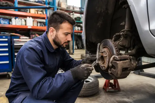 Mécanicien vérifiant les freins d'une voiture pour savoir quand changer le disque de frein