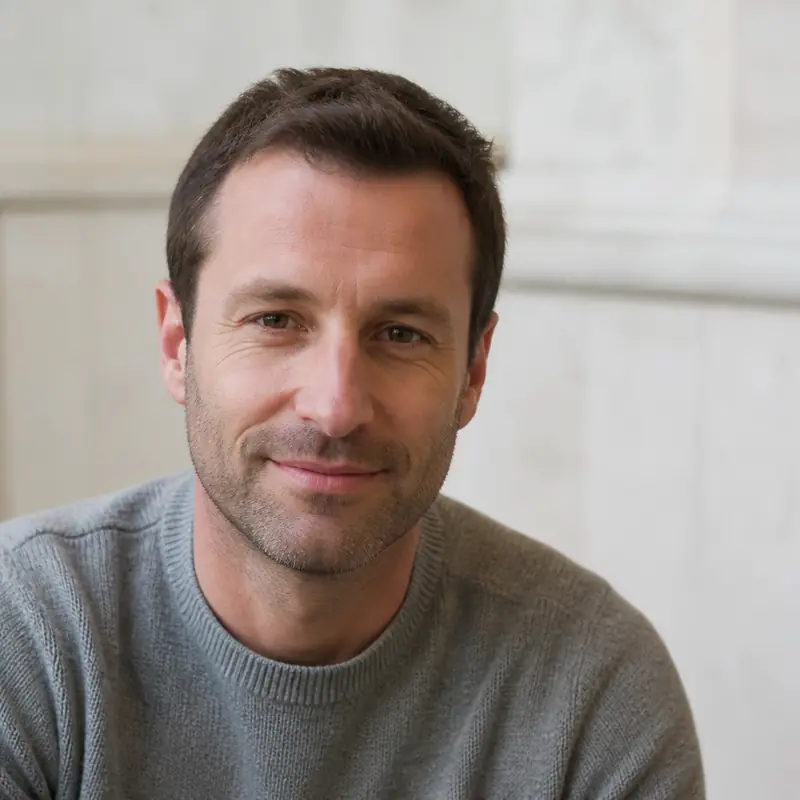 Portrait de Sacha Tissandier, cheveux châtains courts, barbe de trois jours, pull gris, sourire discret, mur clair flou en arrière-plan
