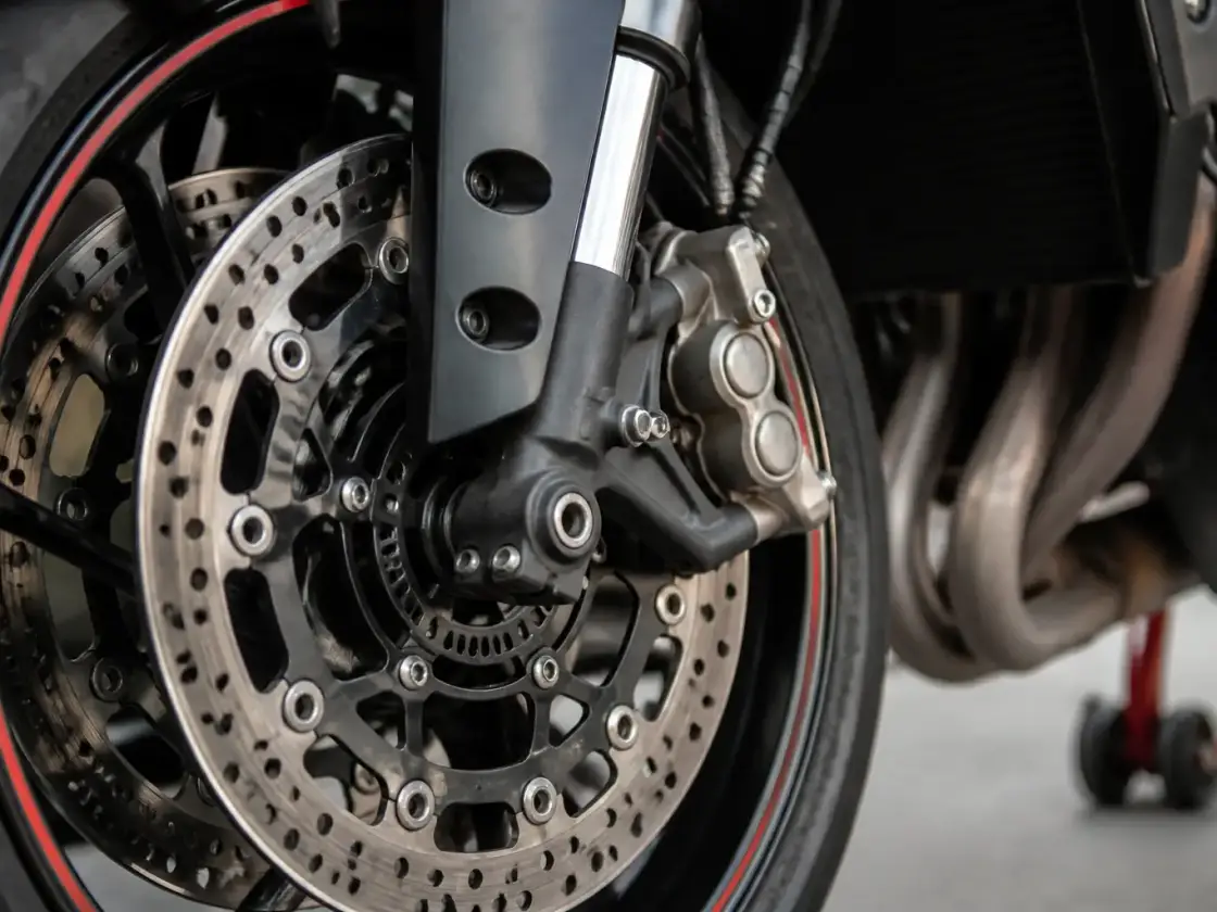Disque de frein avant et étrier d’une moto sportive vus de près, jante sombre, éclairage de studio sobre