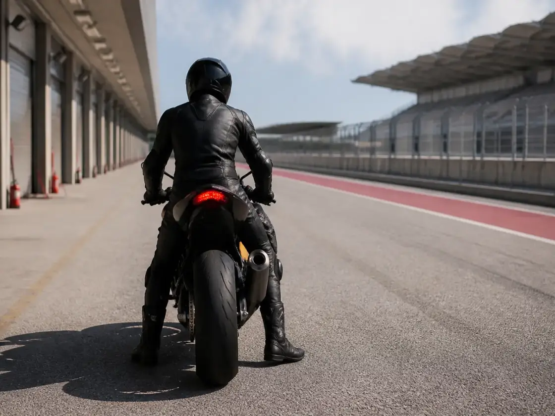 Pilote casqué de dos, assis sur une moto à l’arrêt dans une voie des stands, combinaison de cuir sombre, lumière douce