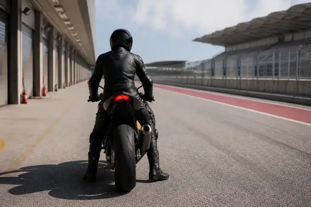 Pilote casqué de dos, assis sur une moto à l’arrêt dans une voie des stands, combinaison de cuir sombre, lumière douce