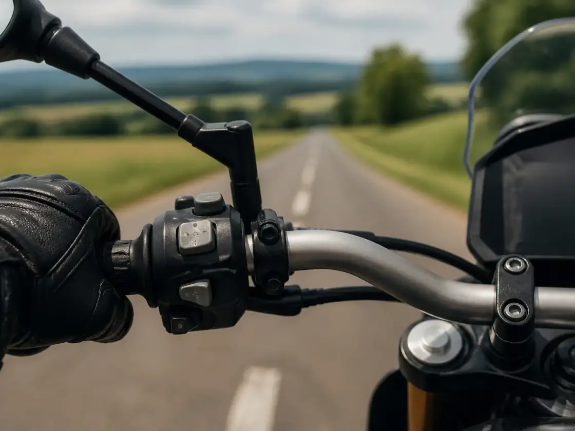 Gros plan sur un guidon de moto, mains gantées posées sur les poignées, route de campagne floue en arrière-plan