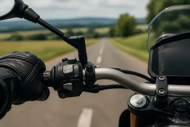 Gros plan sur un guidon de moto, mains gantées posées sur les poignées, route de campagne floue en arrière-plan
