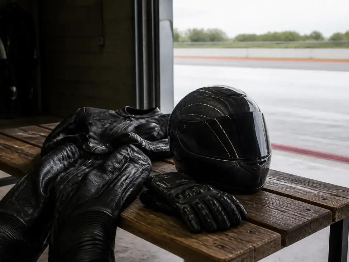 Combinaison de cuir noir, gants et casque intégral posés sur un banc de bois dans un box de circuit, lumière douce