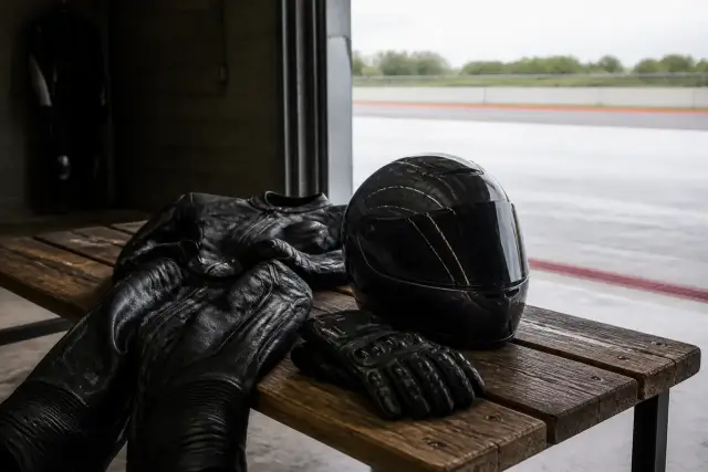 Combinaison de cuir noir, gants et casque intégral posés sur un banc de bois dans un box de circuit, lumière douce