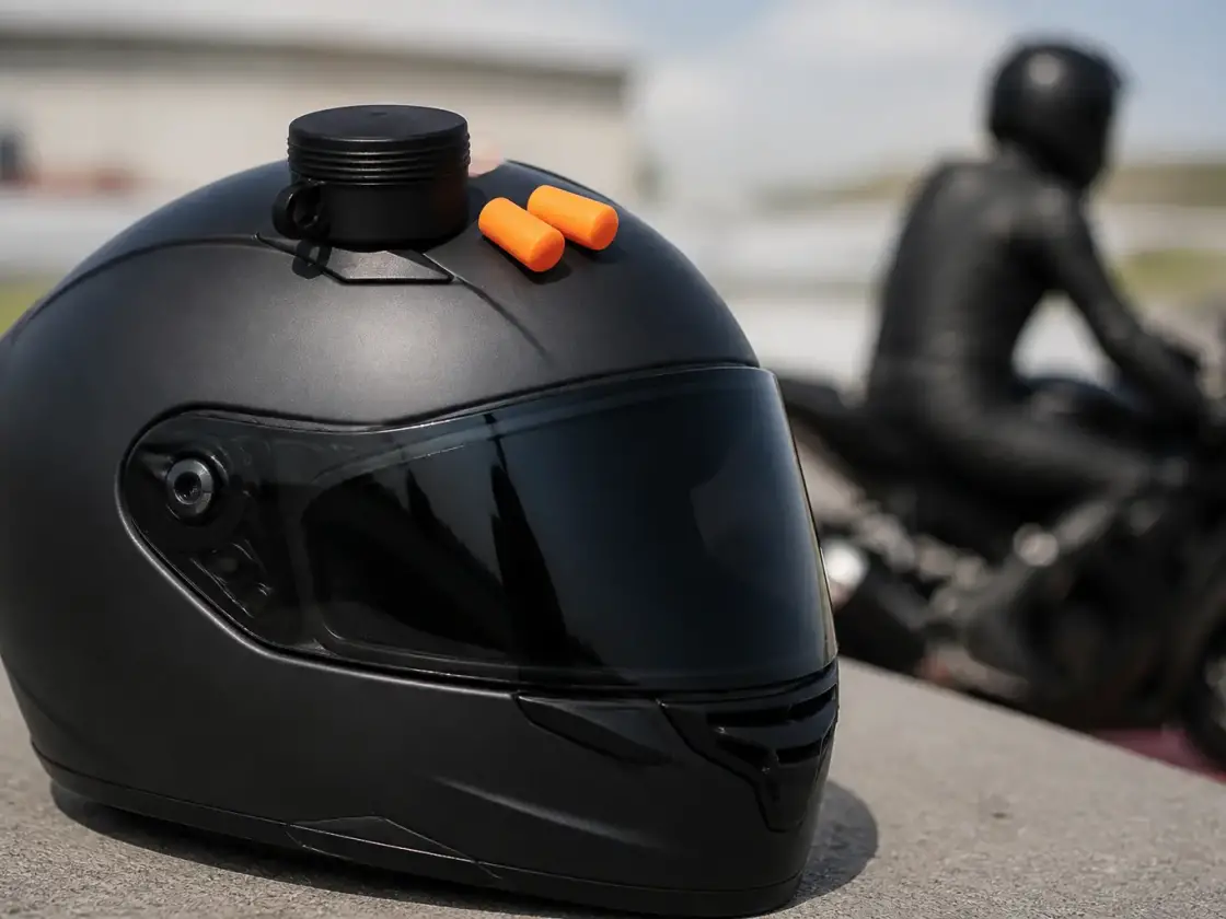 Deux bouchons d’oreille en mousse et un étui posés sur un casque de moto intégral, fond gris neutre