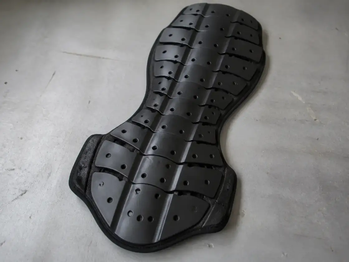 Dorsale de moto posée à plat sur une table de travail grise, plaques articulées noires, sans marque visible