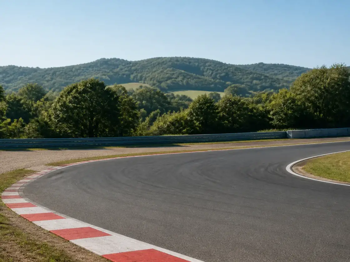 Vue large d’un virage de circuit italien bordé de vibreurs rouges et blancs, avec des collines boisées à l’arrière-plan, sans moto ni numéro lisible