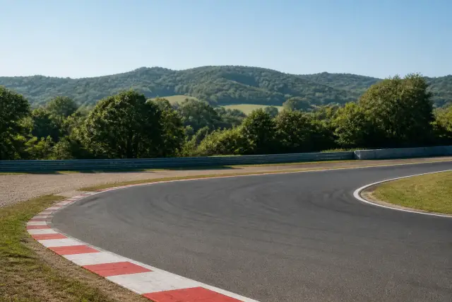 Vue large d’un virage de circuit italien bordé de vibreurs rouges et blancs, avec des collines boisées à l’arrière-plan, sans moto ni numéro lisible
